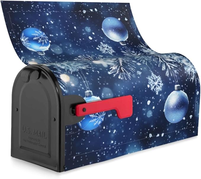 Festive Magnetic Mailbox Cover Blue Ball Christmas Pattern Outdoor Mailbox Protector Holiday Seasonal Decorative Garden Yard Home Standard Size 21 x 18 Inch