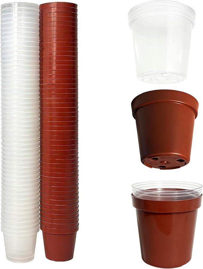 2 Inch Round Nursery Seedling Pots (Red+Clear),100 Pack Mini Plastic Seedling Planter,Sturdy Small Plastic Pots with Drainage Holes for Seed Starting, Succulents, Indoor Outdoor Gardening