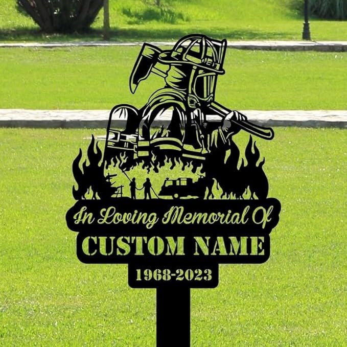Custom Firefighter Memorial Metal Stake – Personalized Fireman Grave Marker, Firefighter Plaque with Stake, Memorial Yard Decor (Fireman Memorial)