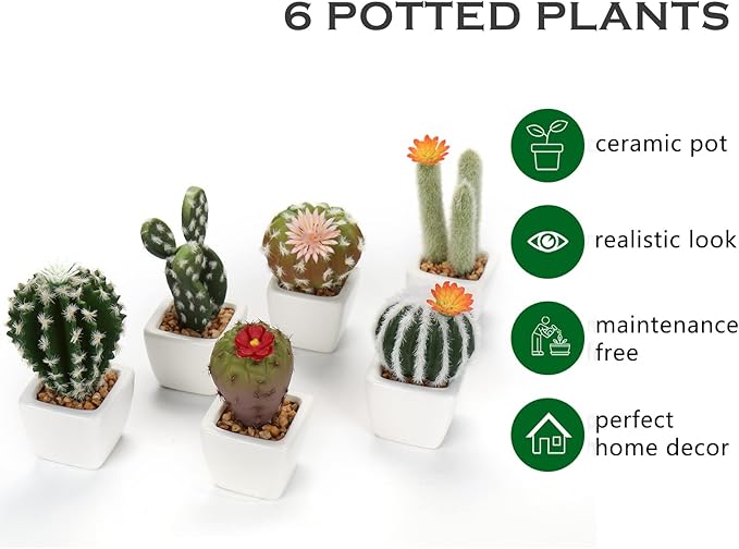 Oairse Mini Artificial Cactus Plants in Ceramic Pots 6 Pcs Potted Faux Succulents in Pots Fake Potted Plants Cactus Decor Small Artificial Plant for Home Decor Indoor Office Desk Tabletop Shelf
