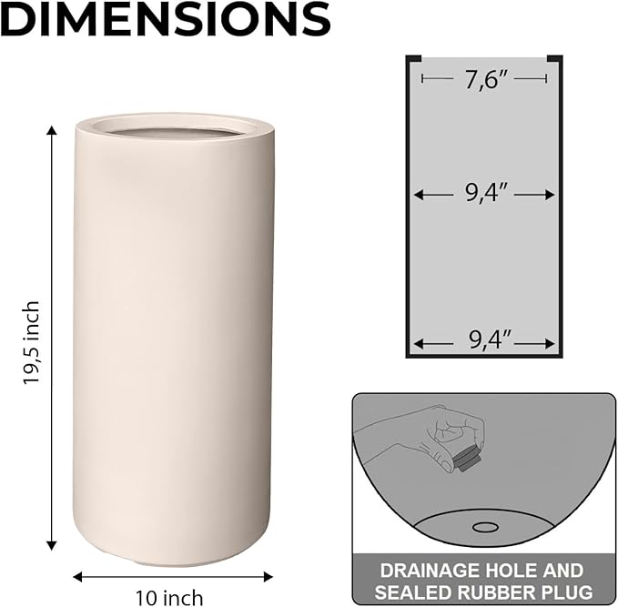 19.5" H x 9.8" D Tubo Fiberstone Cylinder Tall Planter, Christmas Tree Planter, Smooth Finish, Weather Resistant for Indoor & Outdoor Use, 2 Extra Coco Mats (Kilim Beige, 8.2" Pot Opening)