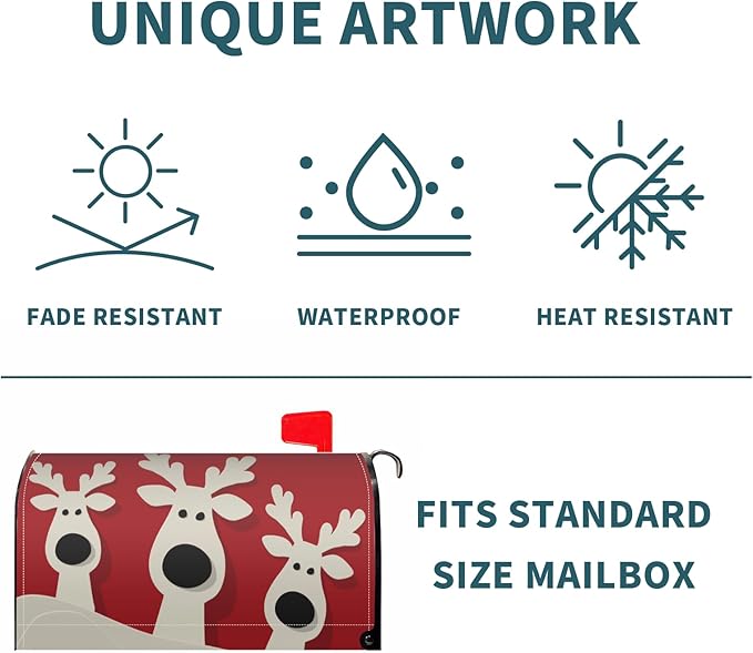 Dark Red Christmas Mailbox Covers Magnetic Standard Size Cute Xmas Deer Print Mailbox Wraps Winter Holiday Themed Outdoor Decorative Letter Box Cases for Home Garden Outside Decor, 21x18 Inch