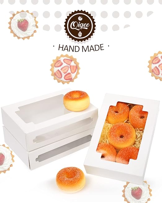 qiqee 50Packs Auto-pop Cookie Boxes for Gift Giving 8x5.3x2 inch White One Second Folding Treat Box with Window Bakery Box for Donuts Candies and Biscuit