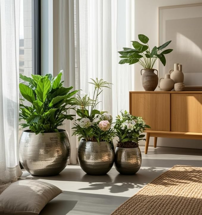 Modern Planters and Flower Pots for Home Decor – Metal Plant Pots Perfect for Indoor and Outdoor Houseplants – Stunning Accent for Garden, Patio, and Living Room Decor Set of 3 – 11", 10", 8" Silver