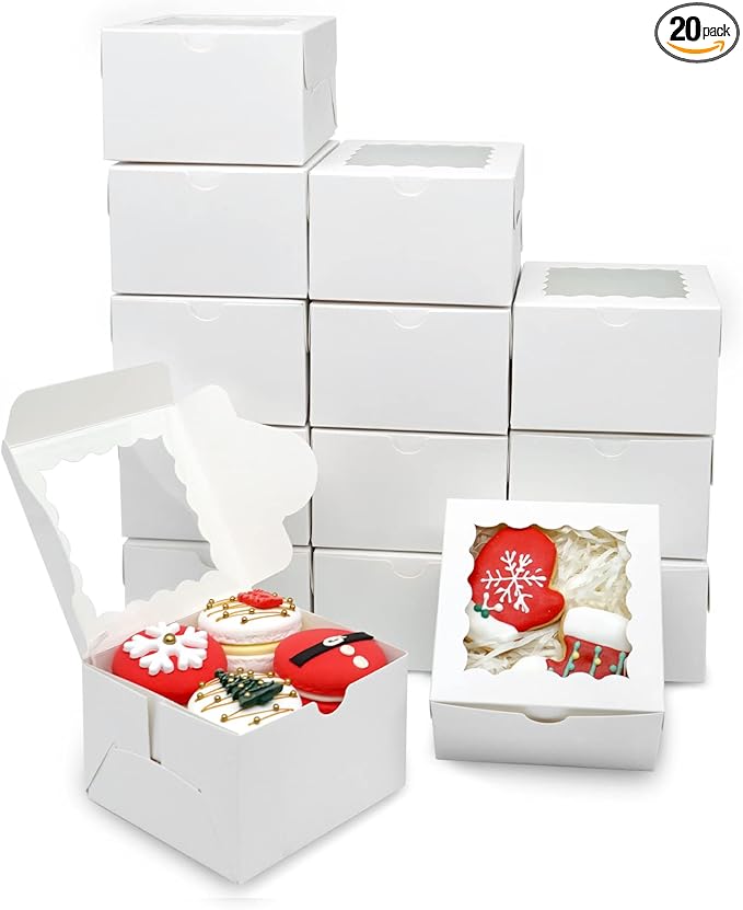 20pcs Cookie Boxes 4x4x2.5 Inch Bakery Boxes with Window Treat Box Dessert Box for Wedding Favors Party - White