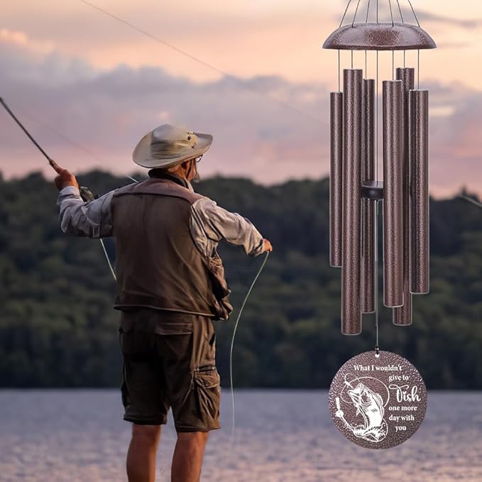 Personalized Wind Chimes, 36inch Sympathy Wind Chime, in Loving Memory for Loss of Loved Grandpa/Dad Loves Fishing in Heaven, Metal Large Memorial Condolences Gifts (Produced in USA)