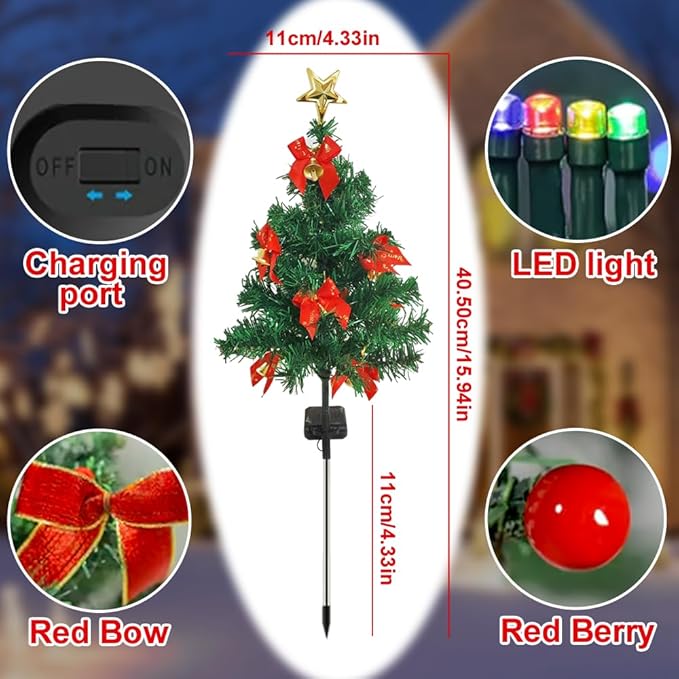 Solar Christmas Tree Lights Holiday Decorations, Outdoor Christmas Tree Waterproof Solar Xmas Garden Stake Lights, Prelit Xmas Trees for Outside Holiday Display Yard (Light+Bow, 1 Pc)