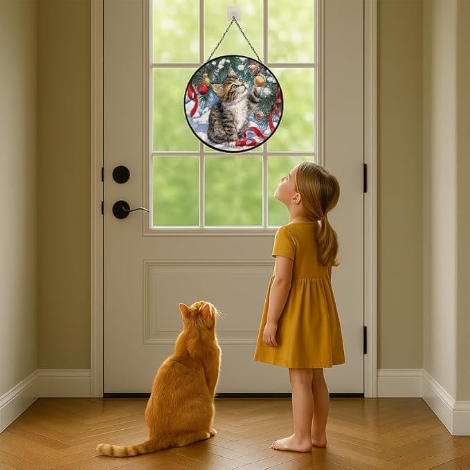 Stained Glass Window Hanging – 11.8 in Christmas Kitten Panel with Chain， Bathroom Front Door Living Room Garden Decor， Gift for Mom Wife Lovers