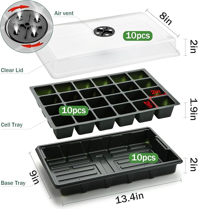 10 Pack Seed Starter Tray, 240 Cells XL Seedling Trays (2'' Each Cell) with Humidity Dome & Vented Lid, Mini Greenhouse Propagator for Plant Growing, Gardening Supplies