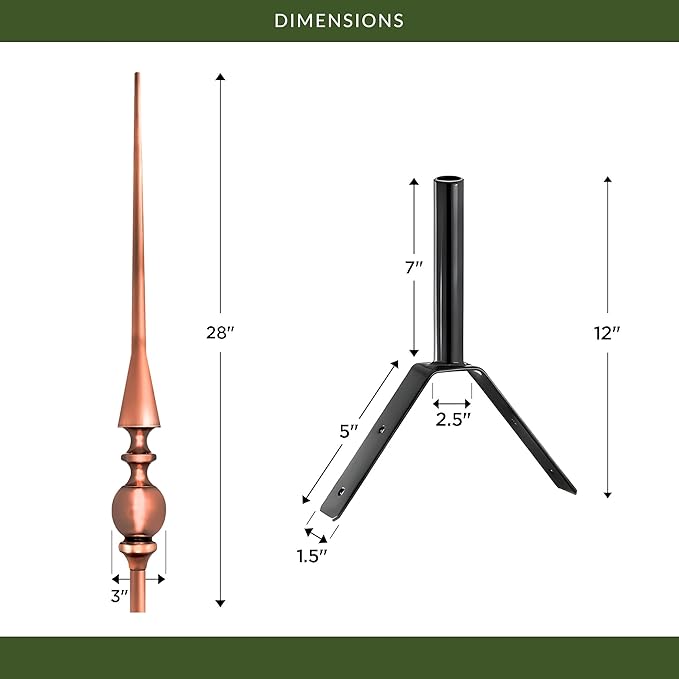Good Directions 755 Aragon Rooftop Finial, 28", Polished Copper