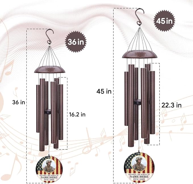 36inch Personalized Wind Chimes, Memorial Wind Chimes for US Veteran, Wind Chime for Loss of Loved Dad/Mom, Sympathy Memorial Gifts, Thank You Veteran Solider (Produced in USA)