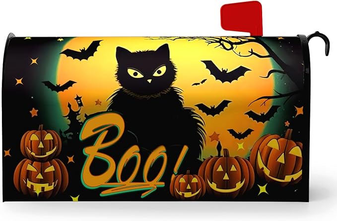 Halloween Mailbox Covers Black Cat Moon Pumpkin Magnetic Mailbox Wrap Castle Boo Spider Bat Mail Post Box Cover Standard Size 21x18 Inch for Garden Yard Decor