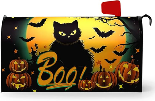 Halloween Mailbox Covers Black Cat Moon Pumpkin Magnetic Mailbox Wrap Castle Boo Spider Bat Mail Post Box Cover Standard Size 21x18 Inch for Garden Yard Decor
