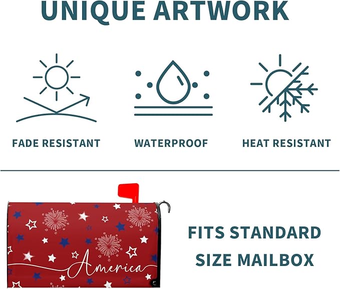 4th of July Mailbox Cover Magnetic 21"x18" Patriotic America Stars Fireworks Decorative Mailbox Wrap Independence Day Letter Post Cover Standard Size for Garden Yard Outdoor