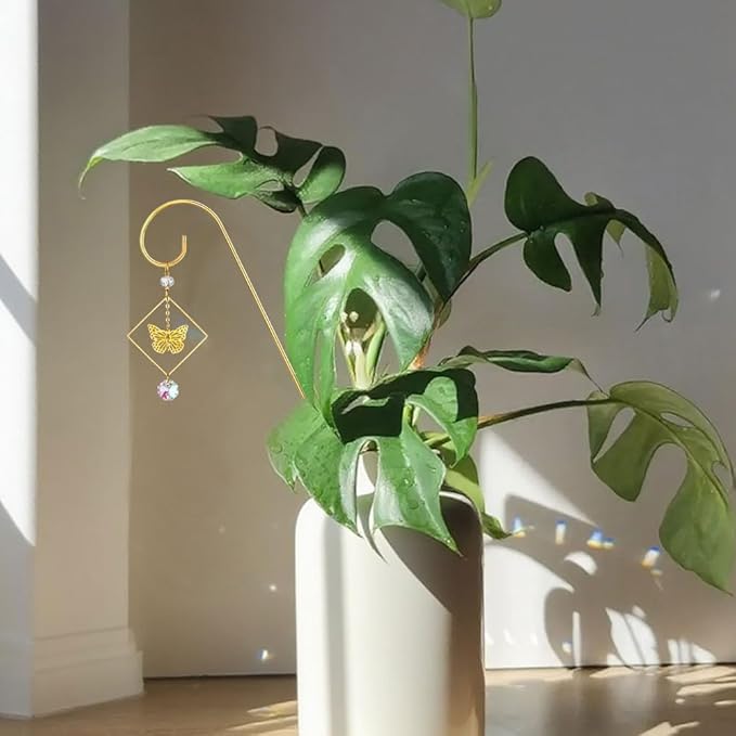 HDCRYSTALGIFTS 6pcs Crystal Butterfly Suncatchers with 13'' Gold Trellis for Mini Potted Plants Decorations, Garden Indoor Plant Accessories Fairy Garden Sun Catchers, Plant Lover Gift