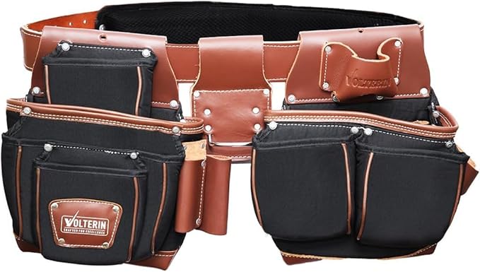 Leather & Nylon Tool Belt for Men – Heavy Duty 22-Pocket Framer’s Tool Bag for Carpenters & Electricians (Black, One Size)