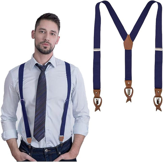 UPSONG Mens Suspenders，Brown Leather Button Tab and Clip Braces Heavy Duty Suspender Wedding Suspenders for Groom Groomsmen