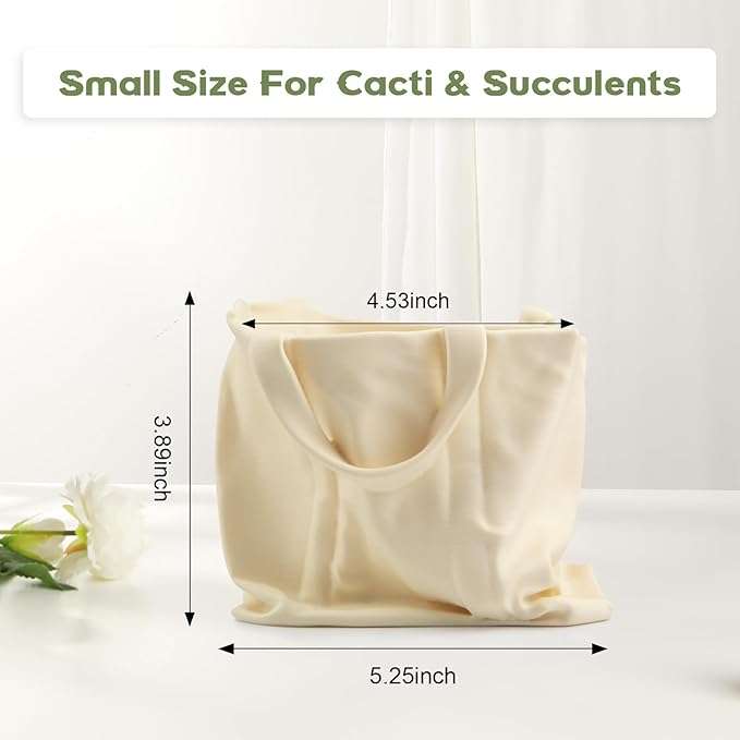 Bag Shape Flower Pot, Tote Bag Planter with Drainage Hole & Saucer, Indoor Small Succulent Cactus Pot for Indoor & Outdoor Garden Decor