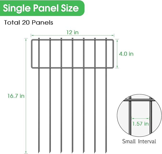 20 Pack Animal Barrier Fence, 16.7 Inch(H) X 20 Ft(L) Dog Fence No Dig, Rustproof Metal Wire Garden Fence Border, Dog Rabbits Ground Stakes Fence for Outdoor.