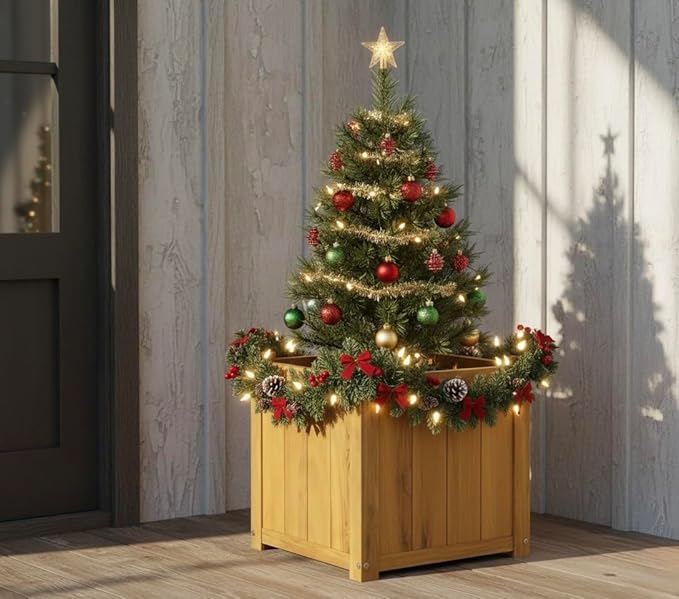 IDZO Set of 2 Acacia Wood Flower Planters for Outdoor Plants, Ergonomic Handles, Drainage Holes, Various Sizes, Ideal for Home Décor, Golden Teak