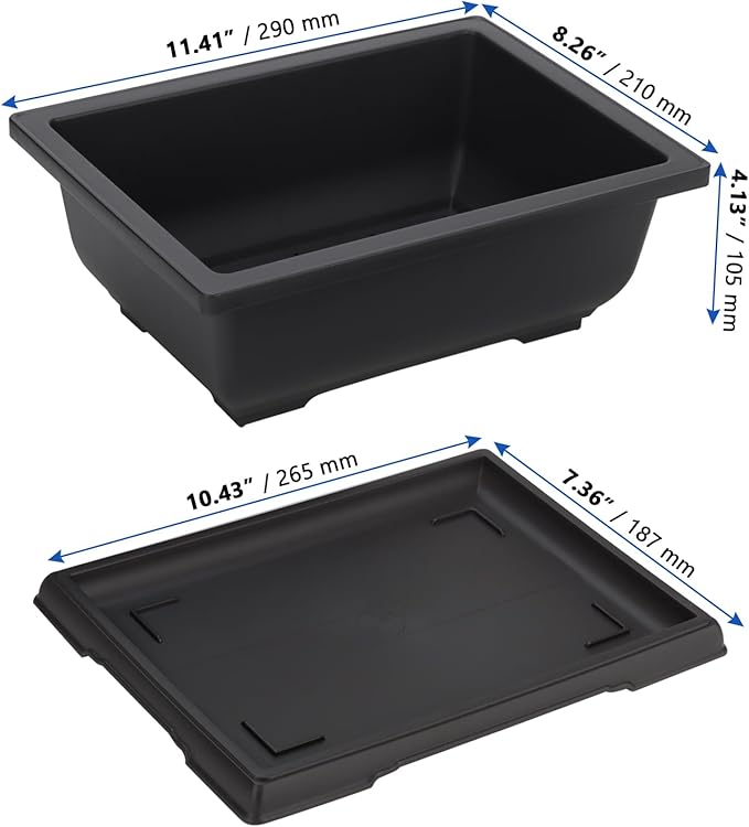 MANCHAP 3 Pack 11 Inch Large Plastic Bonsai Training Pots, Rectangular Bonsai Pot with Drainage Tray, Plant Flower Growing Bonsai Tree Planter for Garden, Yard, Home