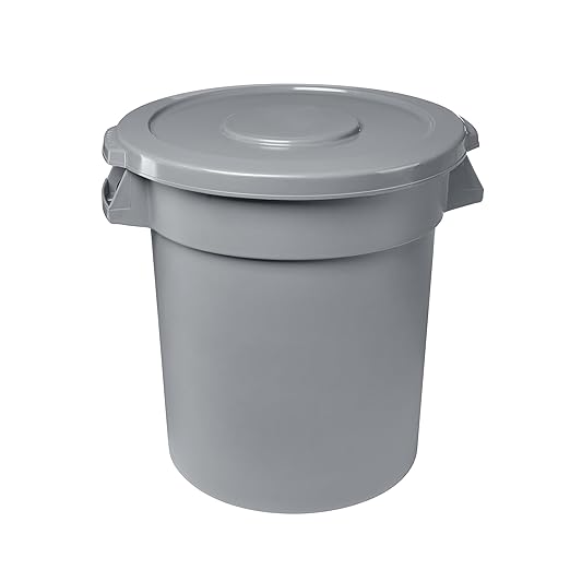 Feed and Seed Storage Container, 20 Gallon Gray Round Commercial Trash Can and Lid, Food Storage Plastic Bin, Use in Agricultural, Gardening, or Household
