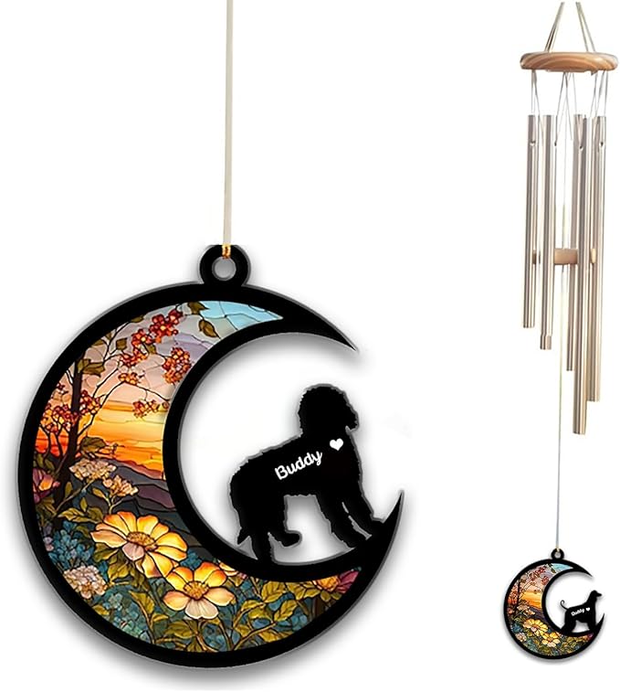 Labradoodle Sun Catcher Wind Chime, Custom Sunflower Suncatcher Dog Memorial Wind Chime, Dog Loss Gift, Dog Sympathy Gift, Pet Loss Suncatcher, Outdoor Garden Decor