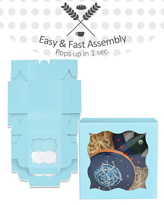 qiqee Light Blue Bakery Box with Window 4x4x2.5 inch 30Packs Macaron Boxes Small Donut Pastry Boxes for Party Mini Cookie Boxes