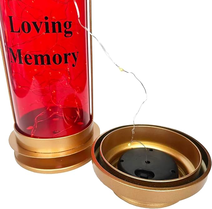 Gold Metal & Red Acrylic Outdoor Solar Candle Holders, Decorative Candle Lanterns with Long Ground Stake, Fall Solar Lights Outdoor Cemetery Lights for Grave, Grave Decorations for Cemetery