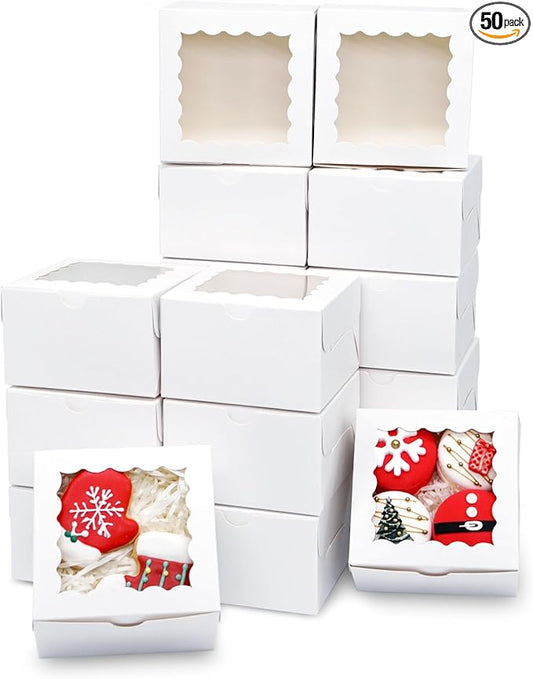 50pcs Cookie Boxes 4x4x2.5 Inch Bakery Boxes with Window Treat Box Dessert Box for Wedding Favors Party - White