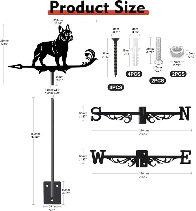 French Bulldog Weather Vane, Black Metal Dog Weathervane Roof Mount, Wind Direction Indicators Wind Measuring Tool Outdoor, Wind Vane Ornament Decoration for Shed Garden Yard Farmhouse Patio Decor
