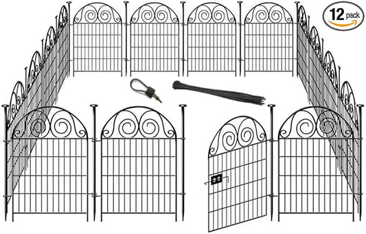 Tall Garden Animal Barrier Fence With Gate,40 in(H)×27 in(L) 12 Panels Dog Digging Fence Barrier, Black Metal Temporary Fences, Reusable Defense Fencing For Outdoor Yard. Total 26.2 Ft│Patented