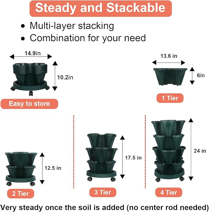GameXcel Vertical Planter 4 Tier Stackable Planters Garden Planters Strawberry Herb Flower and Vegetable Planter Indoor Outdoor Gardening Pots with Removable Wheels and Tools 2-Pack