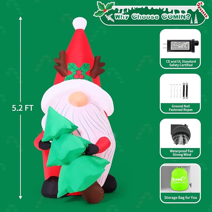 COMIN 5.2 FT Christmas Inflatables Outdoor Decorations Inflatable Gnomes Hold Christmas Tree Blow Ups with Built-in LEDs for Yard Party Lawn Decor