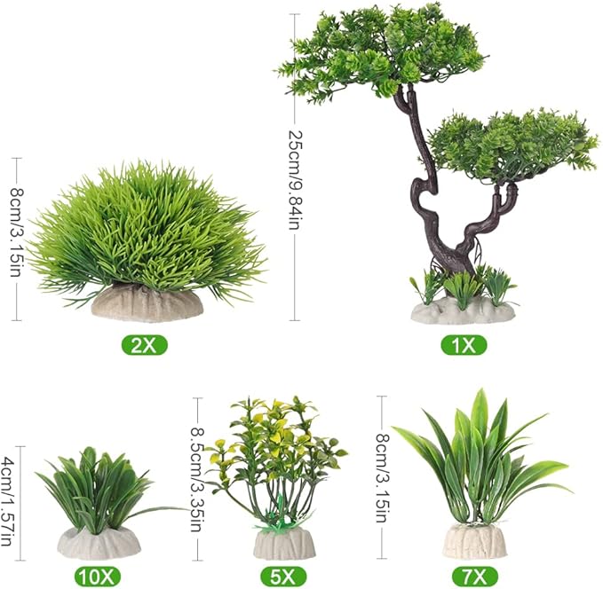 BEGONDIS 25Pcs Artificial Aquarium Tree & Plants Set - Green Fake Aquatic Plants for Aquarium Decorations