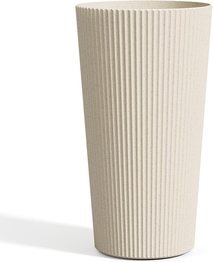 FONTOI 23.6" Tall Planter for Outdoor Plants Set of 2 Large Outdoor Plastic Striped Flower Pots, Front Porch Furniture, Garden Pots, Decorative Planters for Indoor/Outdoor, Patio, Balcony, Beige