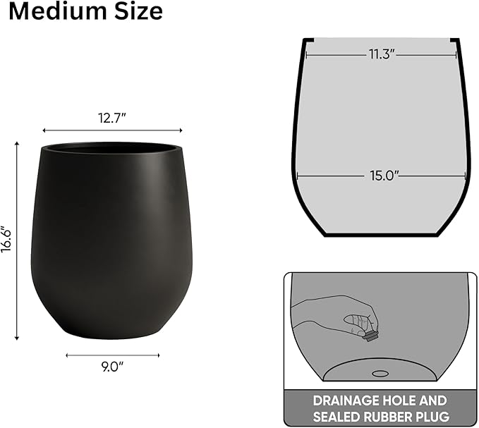 DTY Signature Mount Wilson Lightweight and Durable Modern Fiberstone Tapered Planter for Indoor Outdoor Drainage Hole & Rubber Plug Weather Resistant, 16.7" H x 15" Dia, 11.7" Opening - Medium, Black