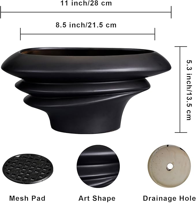 SQOWL Bonsai Pot 10 Inch - Ceramic Succulent Planter with Drainage Hole Large Plant Pot for Indoor Plants Outdoor Modern Home Decor Black