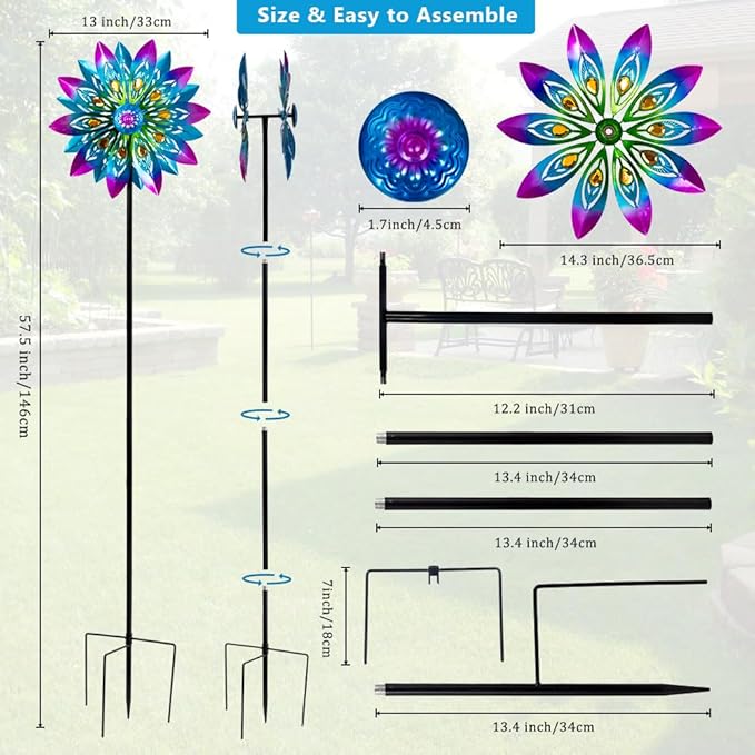 Metal Wind Spinner,13” Wind Spinners Outdoor,Peacock Windmill with Stake,Kinetic Wind Spinners for Yard and Garden,Multi-Color Pinwheels Yard Wind Sculptures,Waterproof Spinner for Patio Lawn