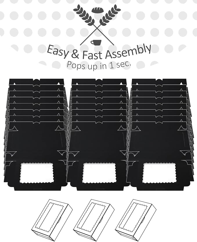 qiqee 50Pcs Black Cookie Box with Window 9x6x2.5 inch Pastry Macaron Bakery Box For Packaging