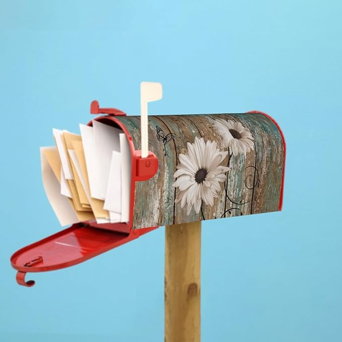 Rustic Daisy Board Mailbox Cover Magnetic, White Sunflowers Vintage Wood Grain Plank Mailbox Wrap Letter Post Box Cover for Yard Garden Outside Home Decor, Large Size 25.5x21 Inch