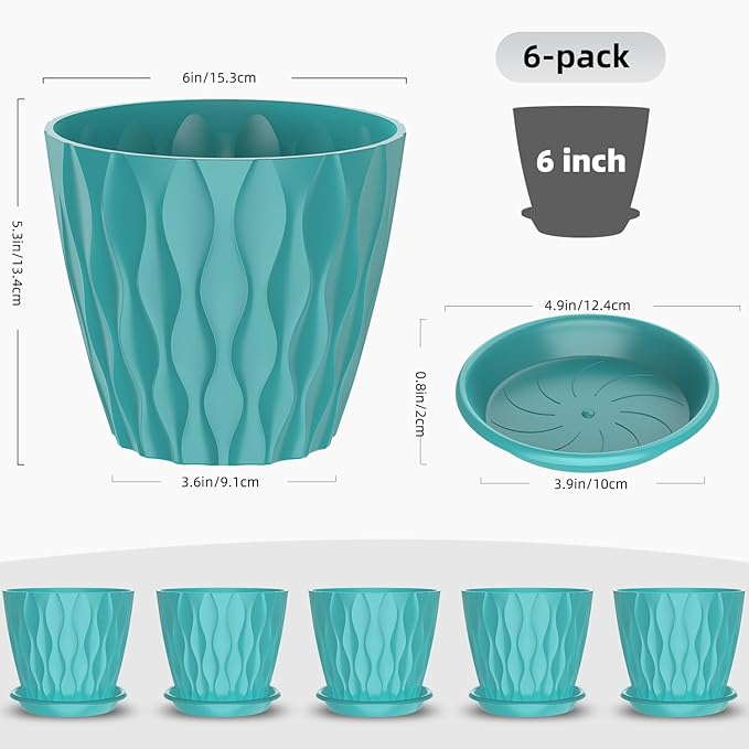 6 Inch Plant Pots with Saucers, 6 Pack Indoor Flower Pots, Planters with Drainage Holes for Orchids, Violets, Succulents, Herbs, and Other Plants, White (Black-Green, 6inch)