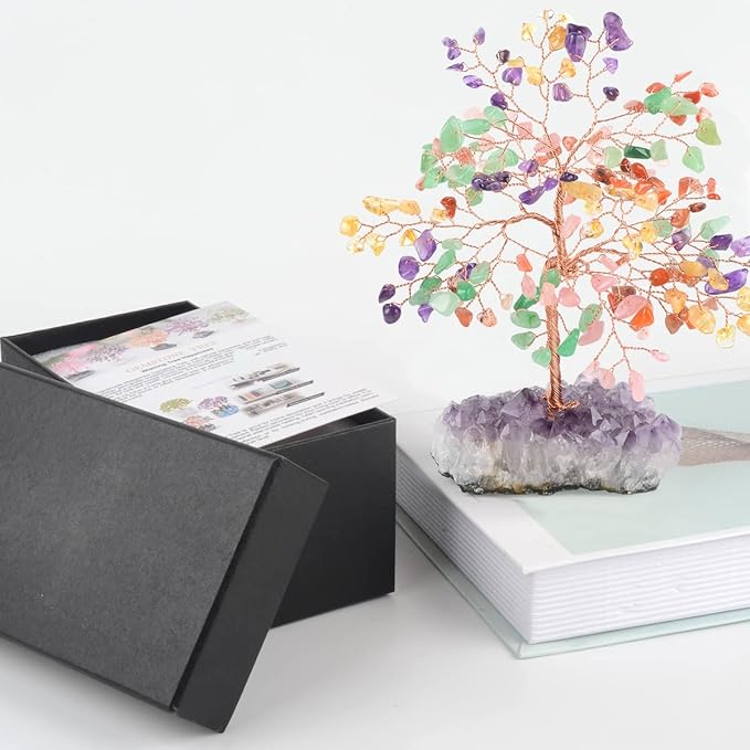 Gemstone Crystal Treeof Life,Chakra Tree Multi Stone Amethyst Cluster Base,Feng Shui Home Decor Bonsai Money Tree,Positive Energy Healing Crystals,Spriture Gift,Size 5.5"-6.3"