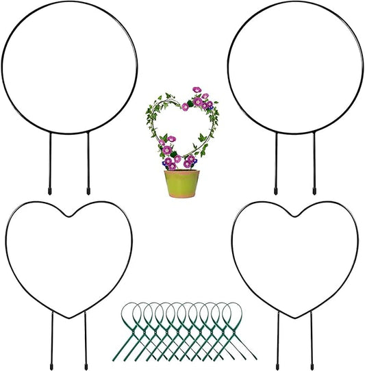 Legigo Black Metal Plant Support Trellis - Iron Vine Climbing Holder Rack with 10 Plant Twist Ties for Potted Flowers Indoor (2 Circles & 2 Hearts)