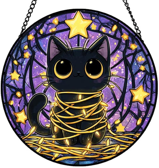 Stained Glass Window Hanging – 6.3 in Black Cat & Stars Panel with Chain， Bathroom Front Door Living Room Garden Decor， Gift for Mom Wife Lovers