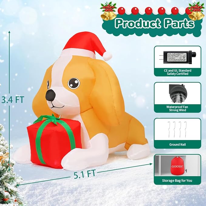 GOOSH 5 FT Long Christmas Inflatables Dog Outdoor Decorations Blow Up Yard Cute Puppy with a Box with Built-in LEDs for Xmas Garden Lawn Indoor Party Decor
