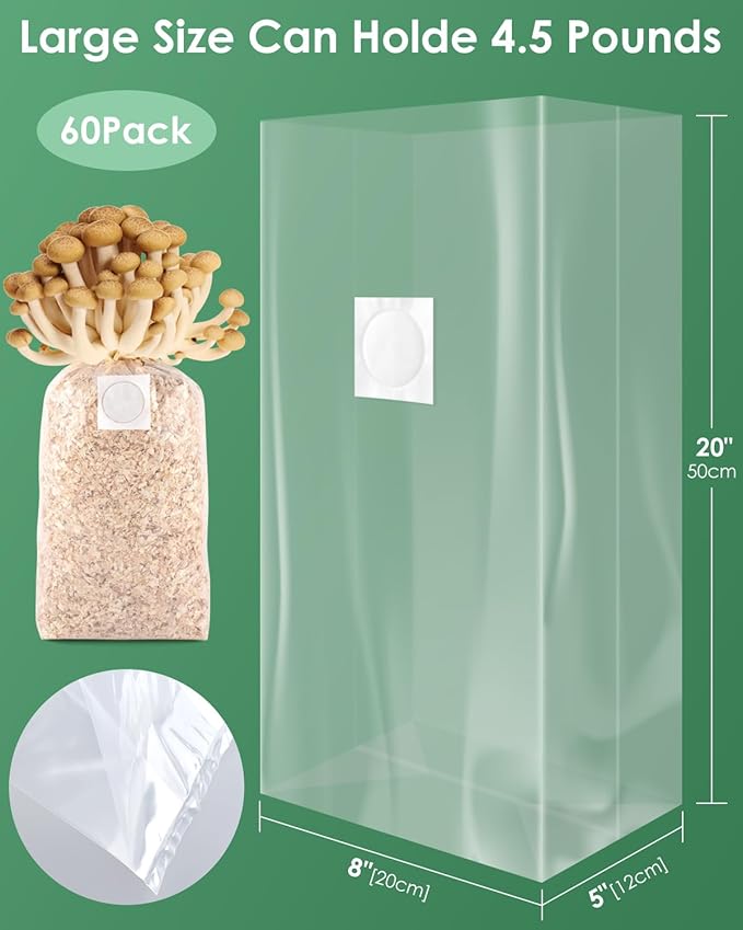 60 Pack Mushroom Grow Bags with Microporous Filter Patchs, 8"x5"x20" Large Extra Thick 3 Mil Mushroom Cultivation Spawn Bag Bulk, Durable Autoclavable Bags for Substrates Strong Tear Resistant