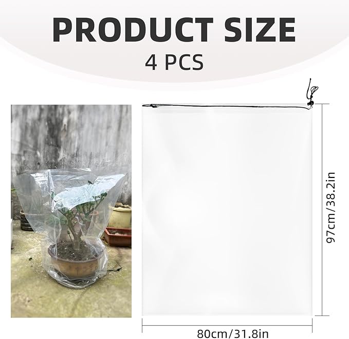 4 PCS Winter Plant Film Covers with Drawstring-31.5" x 35.4" Transparent Freeze Protection Bag Clear Plastic Plant Shelter Waterproof Coverings for Outdoor Garden Plant Rain Snow Frost Protection