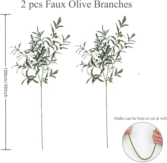MeDecor Artificial Plants 2Pcs Greenery Stems, 39" Tall Faux Olive Plant Spring Summer Twig Branches Fake Green Plants Stem for Vase Home Party Wedding Garden Office Decorations