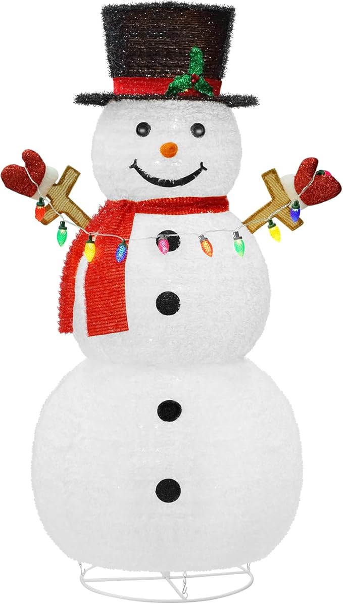 5ft Lighted Pop-Up Snowman, Large Outdoor Christmas Snowman Decoration with 200 LED Lights, Hat, Scarf, Multicolored Lights, for Christmas Yard and Outdoor Display (Batteries Not Included)